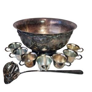 Wallace Silverplate Harvest Pattern Punch Bowl Ladle And 6 Cup Set